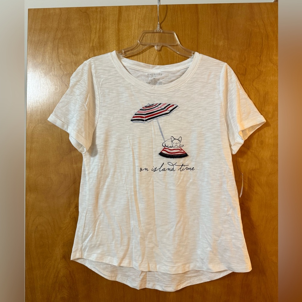 Talbots T-Shirt Top Short Sleeve Shirt Frenchie Dog On Island Time Petite Medium
